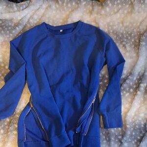Blue Sweater with Gold Zipper Accents